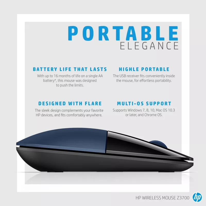 HP Ratón inalámbrico Z3700, ambidiestro, Blue LED, RF Wireless, 1200 DPI, Negro, Azul