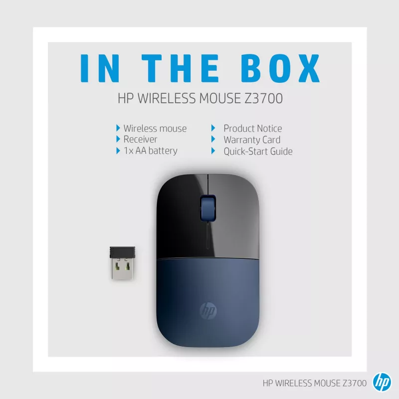 HP Ratón inalámbrico Z3700, ambidiestro, Blue LED, RF Wireless, 1200 DPI, Negro, Azul