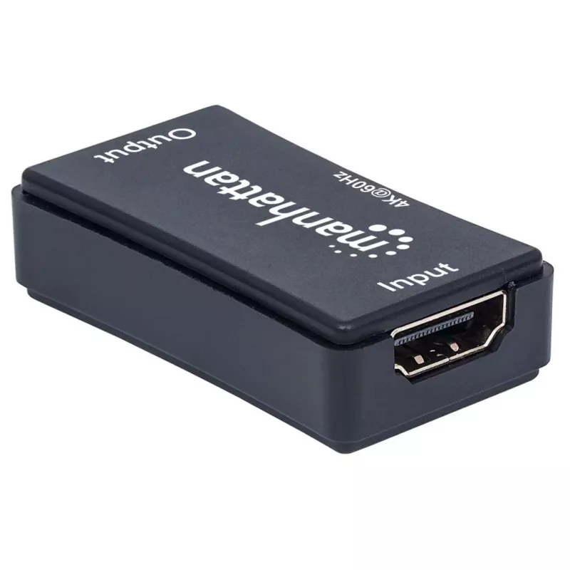 Repetidor AV Manhattan Repetidor HDMI 4K@60Hz, 1xHDMI entrada/salida, ancho de banda de 600 MHz, hasta 40 m, alimentación por micro-USB, negro