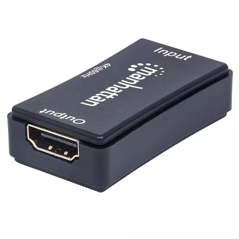 Repetidor AV Manhattan Repetidor HDMI 4K@60Hz, 1xHDMI entrada/salida, ancho de banda de 600 MHz, hasta 40 m, alimentación por micro-USB, negro