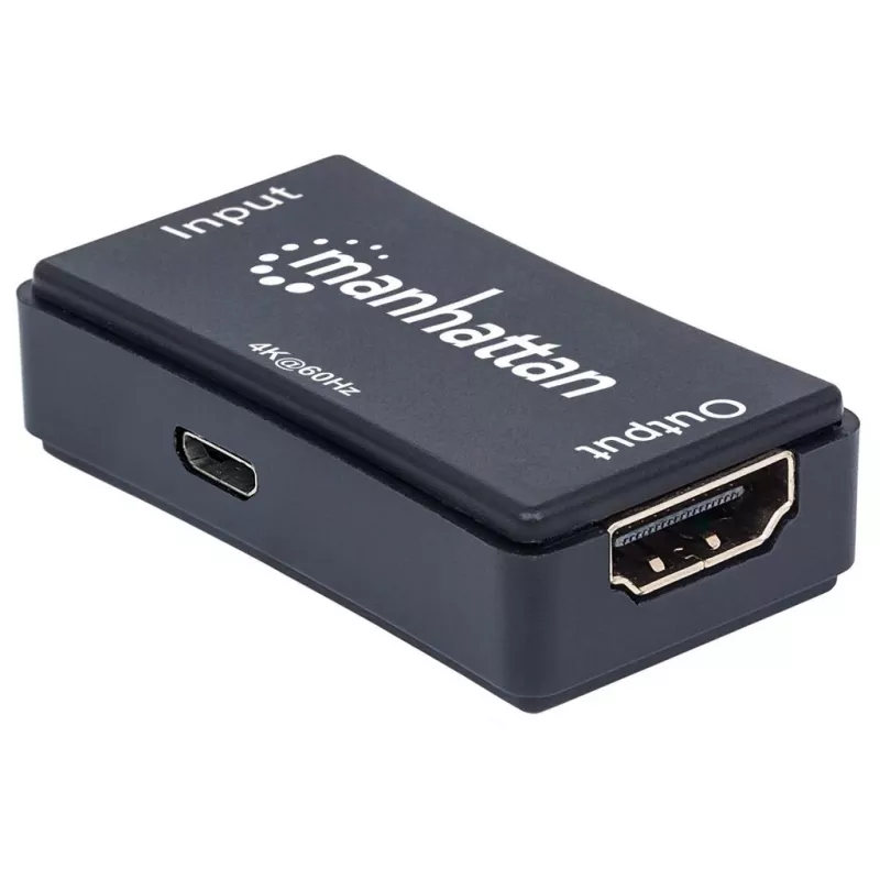 Repetidor AV Manhattan Repetidor HDMI 4K@60Hz, 1xHDMI entrada/salida, ancho de banda de 600 MHz, hasta 40 m, alimentación por micro-USB, negro