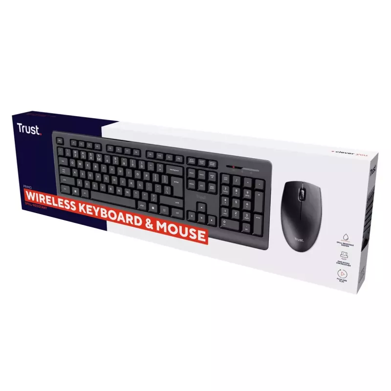 Conjunto de teclado y ratón inalámbrico TRUST Primo — teclado de tamaño completo QWERTY US-inglés, receptor RF USB-A, ratón óptico de 1200 DPI, negro