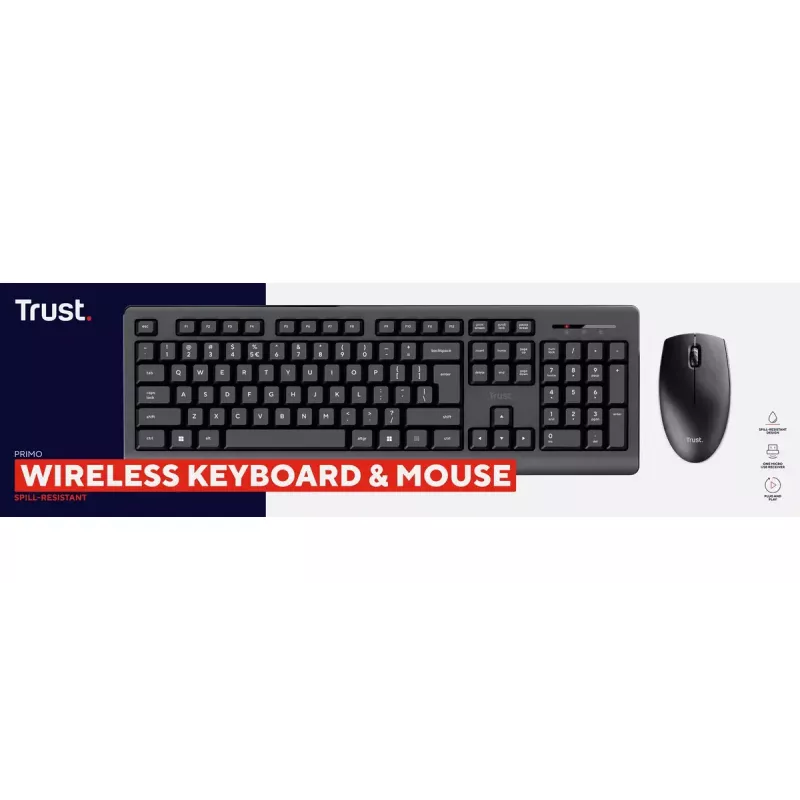 Conjunto de teclado y ratón inalámbrico TRUST Primo — teclado de tamaño completo QWERTY US-inglés, receptor RF USB-A, ratón óptico de 1200 DPI, negro
