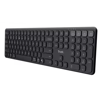 TRUST Vaiya Teclado universal, USB, RF inalámbrico, Bluetooth – tamaño completo, US-inglés, carga USB-C, teclas de tijera, teclado numérico, negro