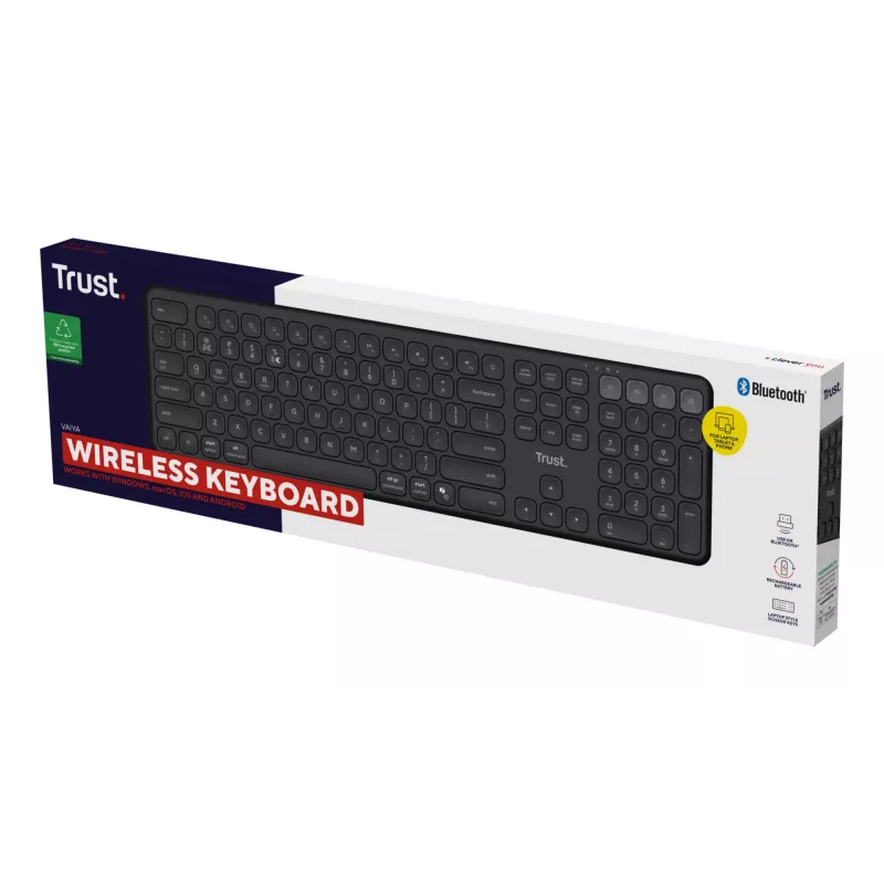 Teclado inalámbrico multidispositivo Trust Vaiya 25511, USB RF + Bluetooth, distribución US, teclado numérico, batería recargable integrada, negro