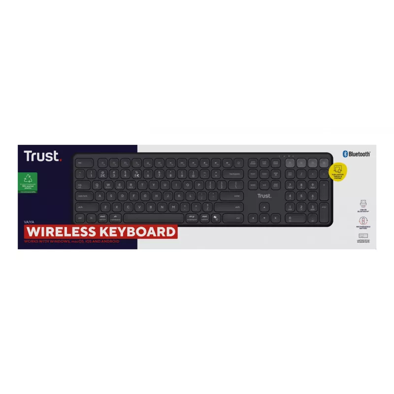 Teclado inalámbrico multidispositivo Trust Vaiya 25511, USB RF + Bluetooth, distribución US, teclado numérico, batería recargable integrada, negro