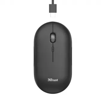 Trust Puck Ratón inalámbrico ultrafino recargable, ambidiestro, óptico, RF inalámbrico + Bluetooth, 1600 DPI, negro