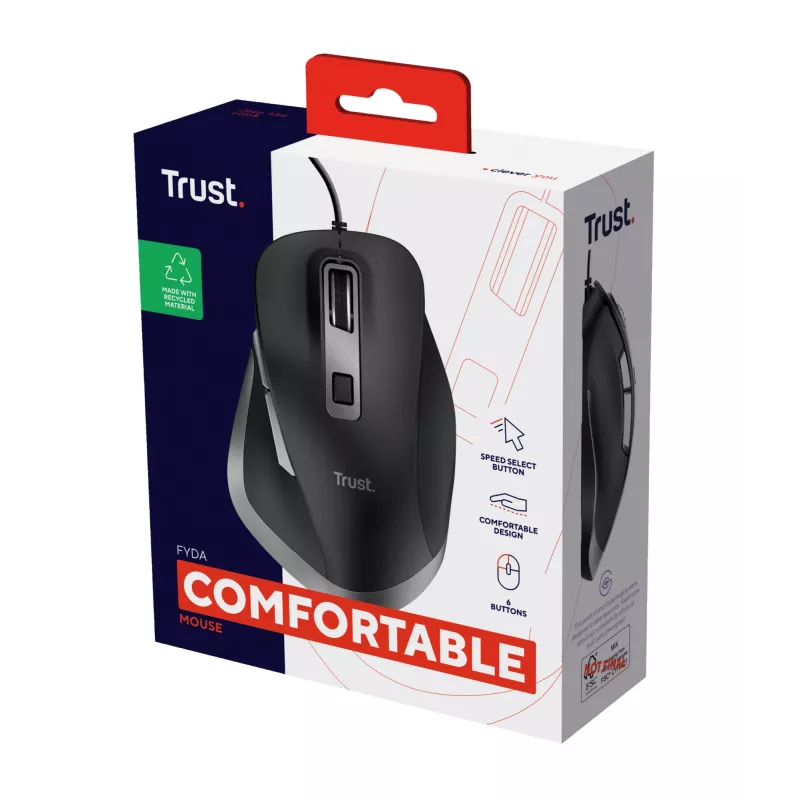 Trust Fyda Ratón con cable, para diestros, óptico, USB Type-A, 5000 dpi, negro