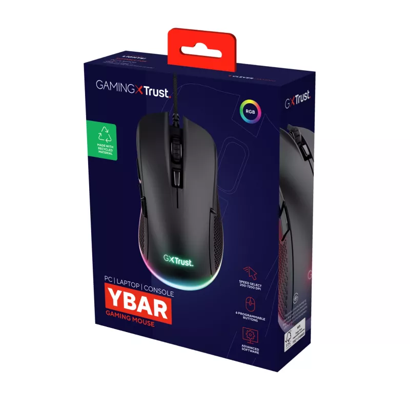 Trust GXT 922 YBAR Ratón gaming para diestros, USB Type-A, óptico, 7200 DPI