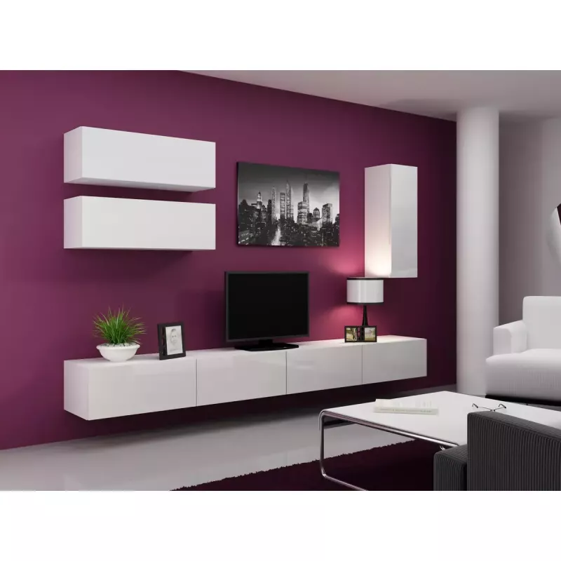 Soporte de TV Cama Meble VIGO 140, 1400×400×300 mm, parte superior blanco brillante, tablero de partículas, marco blanco