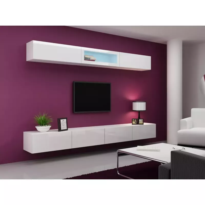 Soporte de TV Cama Meble VIGO 140, 1400×400×300 mm, parte superior blanco brillante, tablero de partículas, marco blanco