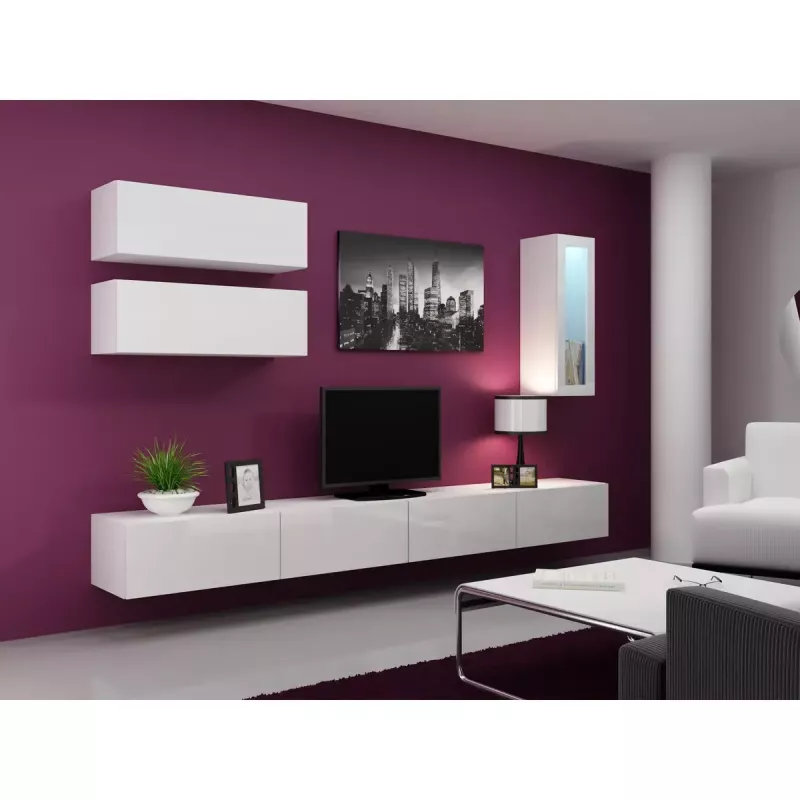 Soporte de TV Cama Meble VIGO 140, 1400×400×300 mm, parte superior blanco brillante, tablero de partículas, marco blanco