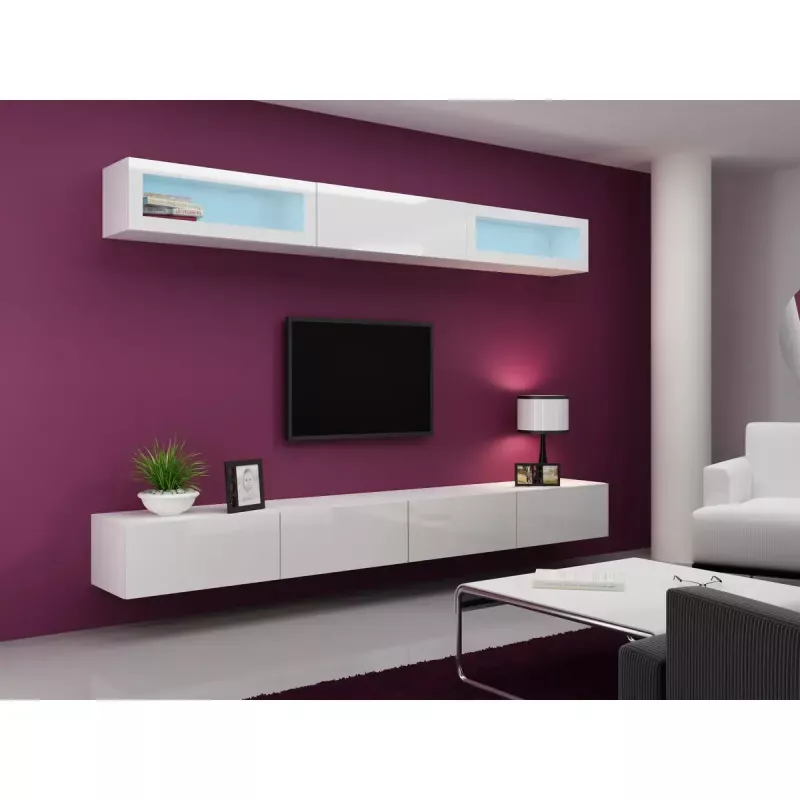 Soporte de TV Cama Meble VIGO 140, 1400×400×300 mm, parte superior blanco brillante, tablero de partículas, marco blanco