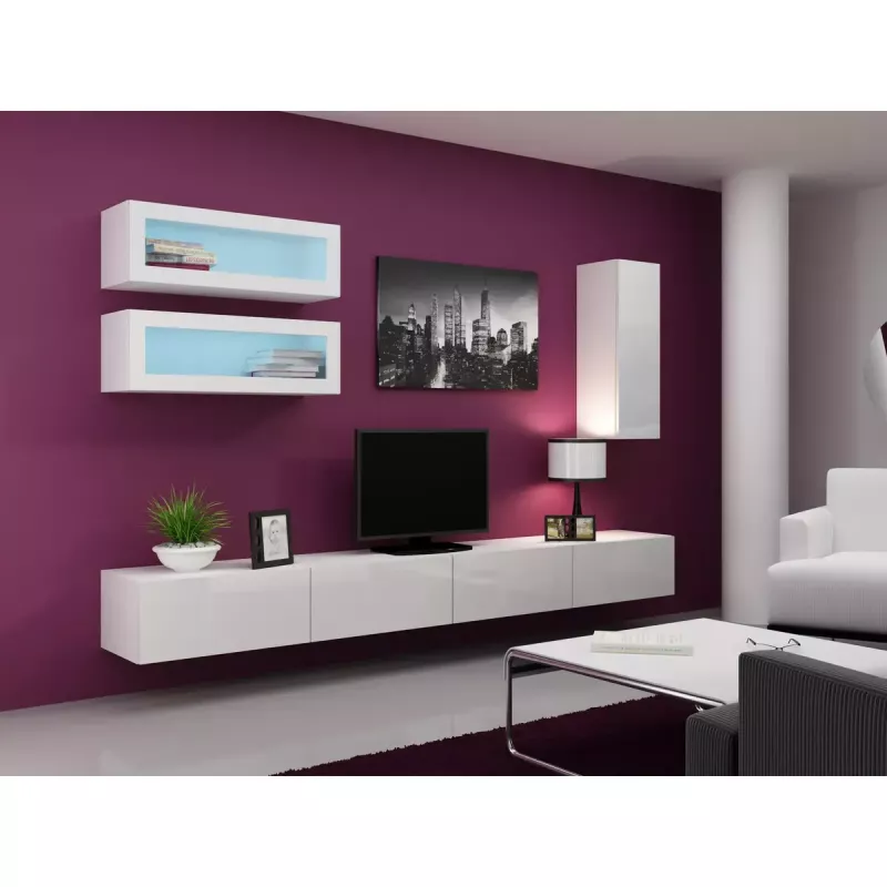 Soporte de TV Cama Meble VIGO 140, 1400×400×300 mm, parte superior blanco brillante, tablero de partículas, marco blanco