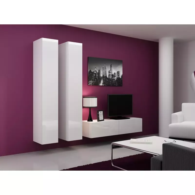 Soporte de TV Cama Meble VIGO 140, 1400×400×300 mm, parte superior blanco brillante, tablero de partículas, marco blanco