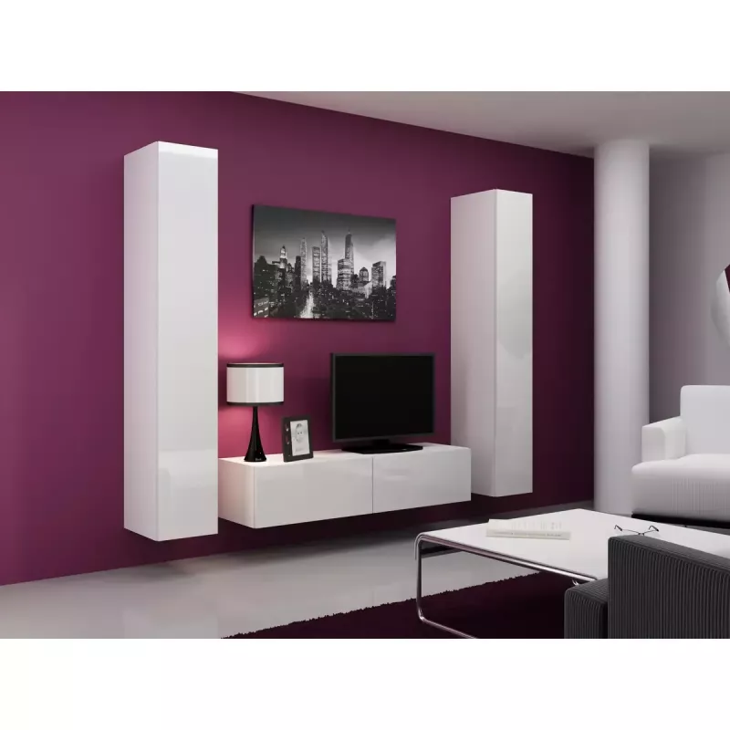 Soporte de TV Cama Meble VIGO 140, 1400×400×300 mm, parte superior blanco brillante, tablero de partículas, marco blanco
