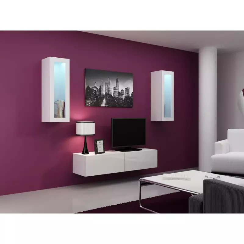 Soporte de TV Cama Meble VIGO 140, 1400×400×300 mm, parte superior blanco brillante, tablero de partículas, marco blanco