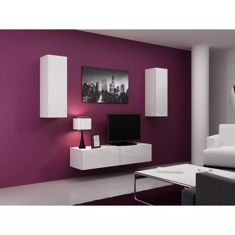 Soporte de TV Cama Meble VIGO 140, 1400×400×300 mm, parte superior blanco brillante, tablero de partículas, marco blanco