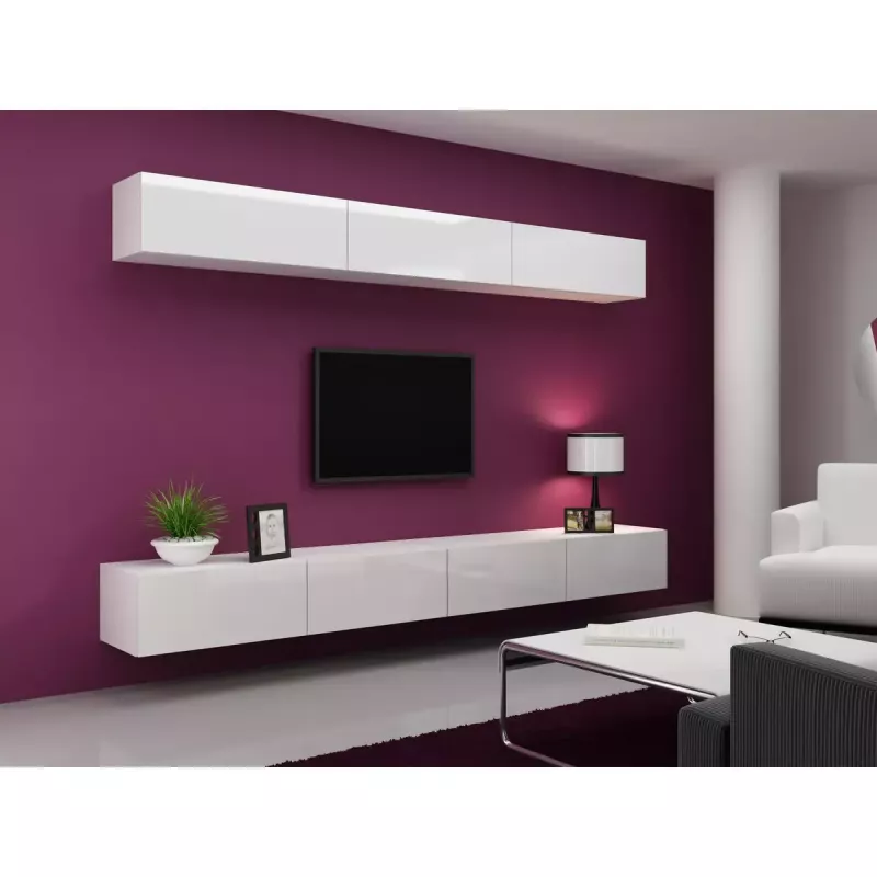 Soporte de TV Cama Meble VIGO 140, 1400×400×300 mm, parte superior blanco brillante, tablero de partículas, marco blanco
