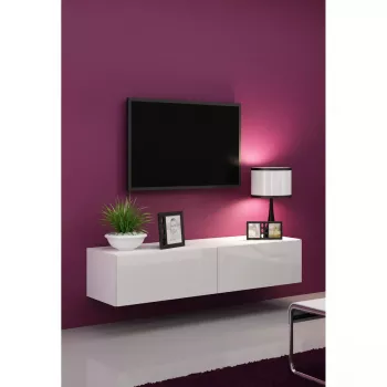 Soporte de TV Cama Meble VIGO 140, 1400×400×300 mm, parte superior blanco brillante, tablero de partículas, marco blanco