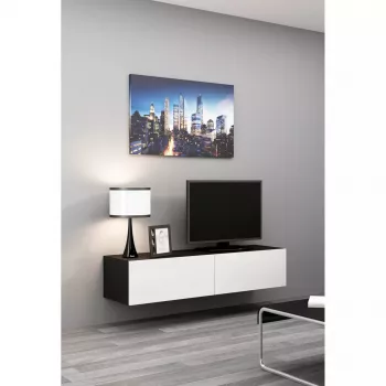 Soporte de TV cama meble VIGO 140 — 1400×400×300 mm, superficie de tablero de partículas, negro/blanco brillante