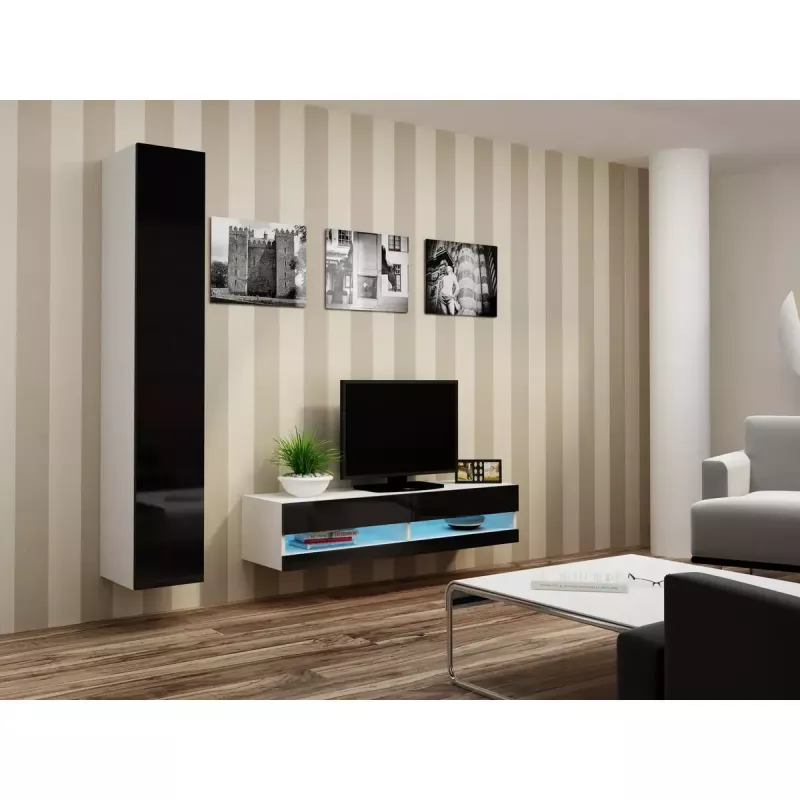 Mueble bajo de TV Cama Meble VIGO NEW 30/140/40 – 1400×400×300 mm, parte superior blanca, tablero de partículas, marco blanco, blanco/negro brillante