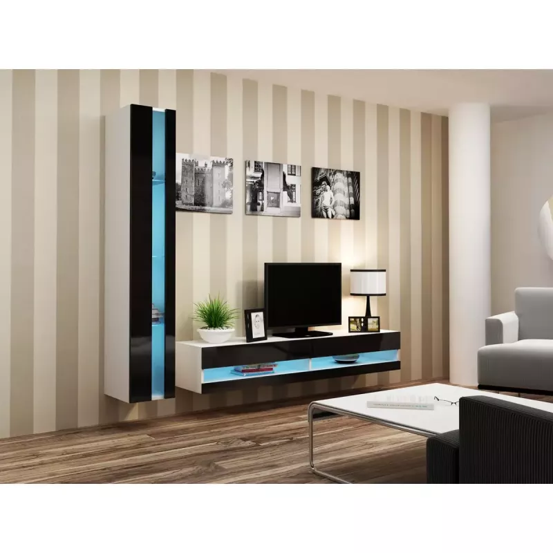 Mueble bajo de TV Cama Meble VIGO NEW 30/140/40 – 1400×400×300 mm, parte superior blanca, tablero de partículas, marco blanco, blanco/negro brillante