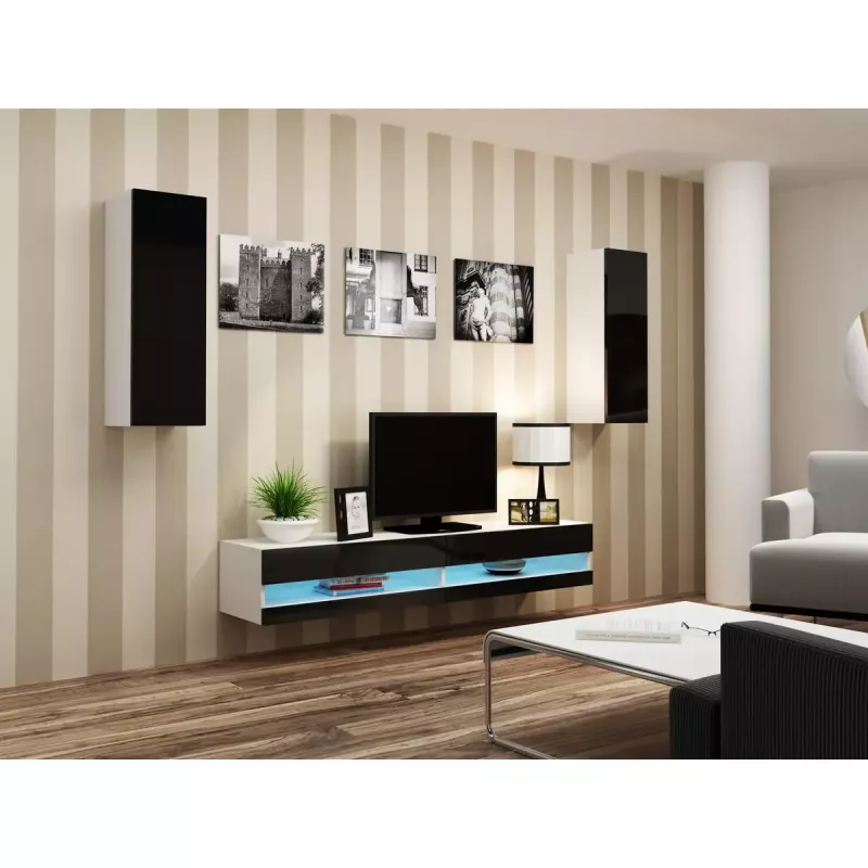 Mueble bajo de TV Cama Meble VIGO NEW 30/140/40 – 1400×400×300 mm, parte superior blanca, tablero de partículas, marco blanco, blanco/negro brillante