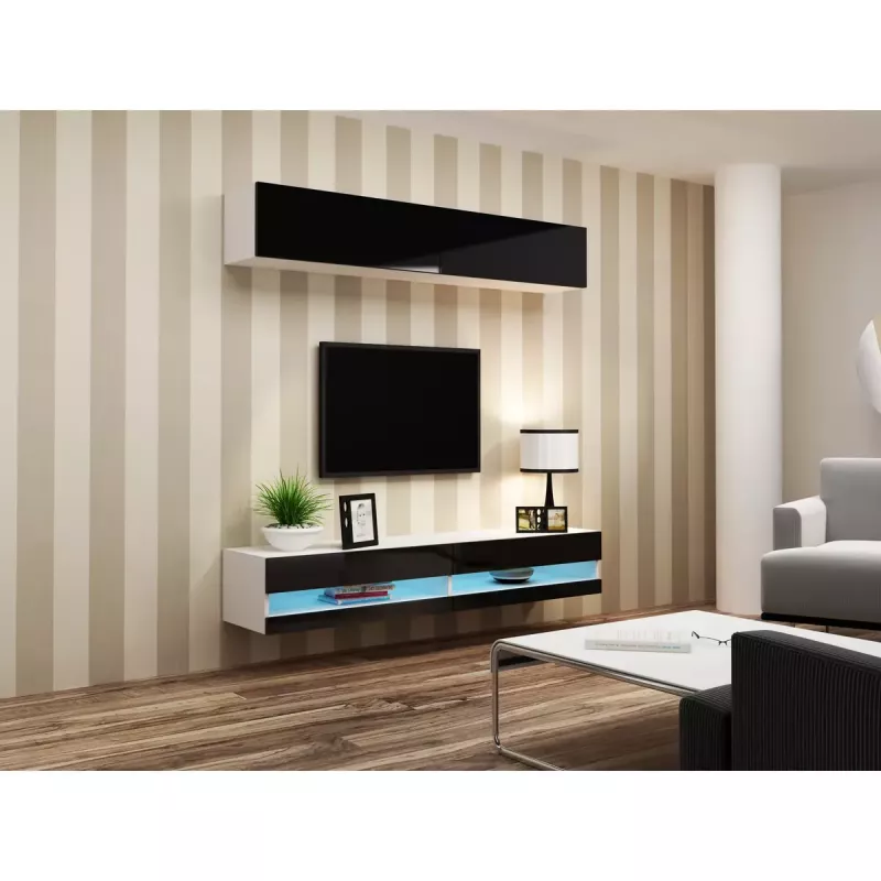 Mueble bajo de TV Cama Meble VIGO NEW 30/140/40 – 1400×400×300 mm, parte superior blanca, tablero de partículas, marco blanco, blanco/negro brillante