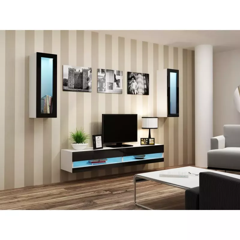 Mueble bajo de TV Cama Meble VIGO NEW 30/140/40 – 1400×400×300 mm, parte superior blanca, tablero de partículas, marco blanco, blanco/negro brillante