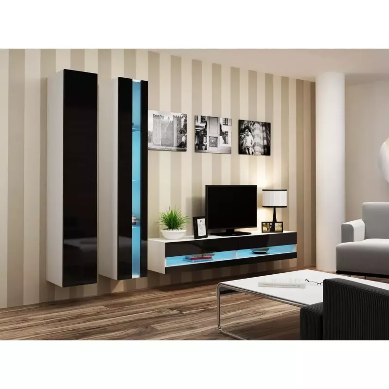 Mueble bajo de TV Cama Meble VIGO NEW 30/140/40 – 1400×400×300 mm, parte superior blanca, tablero de partículas, marco blanco, blanco/negro brillante