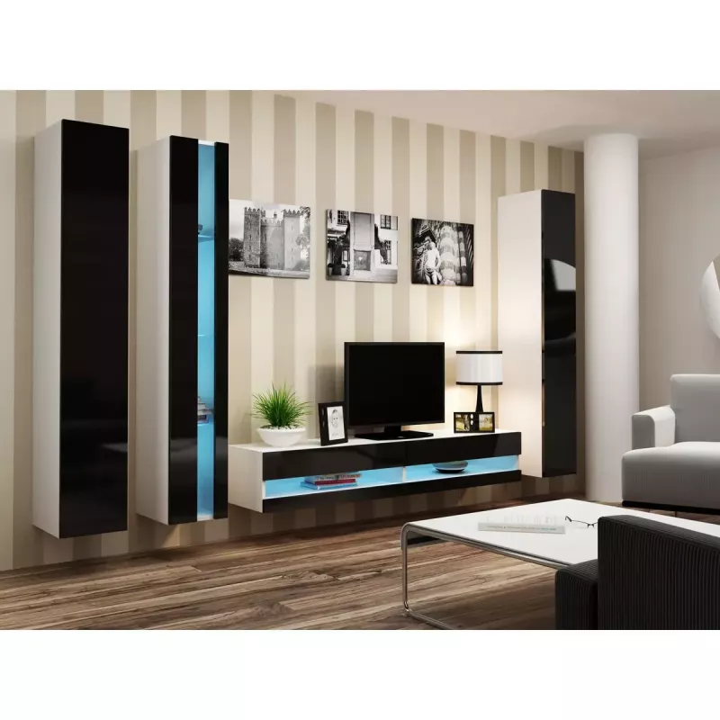 Mueble bajo de TV Cama Meble VIGO NEW 30/140/40 – 1400×400×300 mm, parte superior blanca, tablero de partículas, marco blanco, blanco/negro brillante