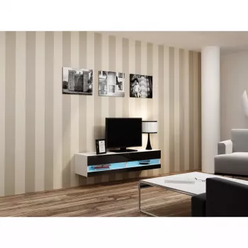 Mueble bajo de TV Cama Meble VIGO NEW 30/140/40 – 1400×400×300 mm, parte superior blanca, tablero de partículas, marco blanco, blanco/negro brillante