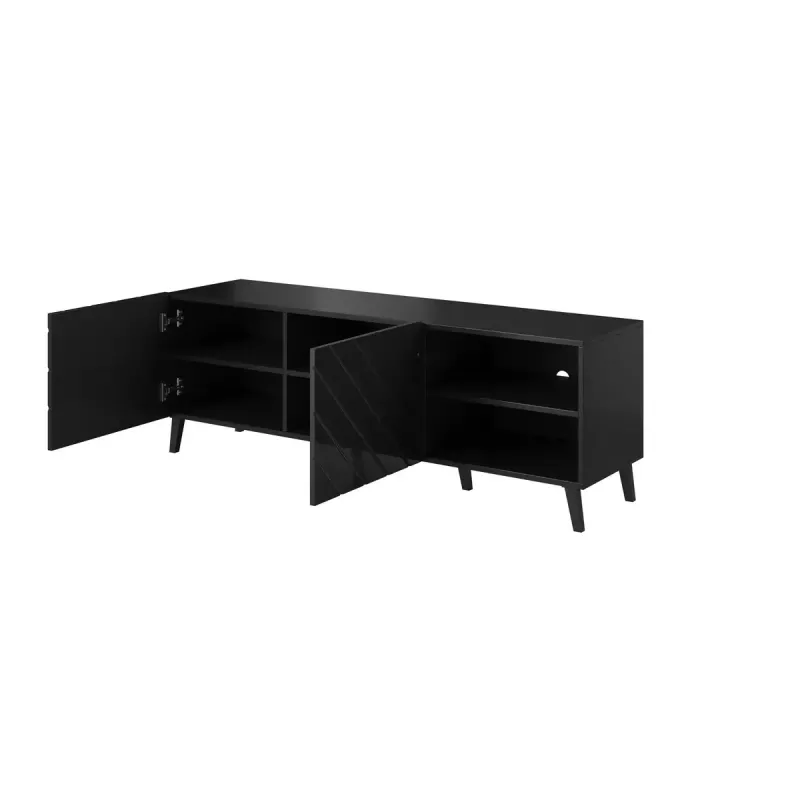 Mueble de TV cama meble ABETO 150x42x52 cm, negro brillante, tablero MDF, marco negro