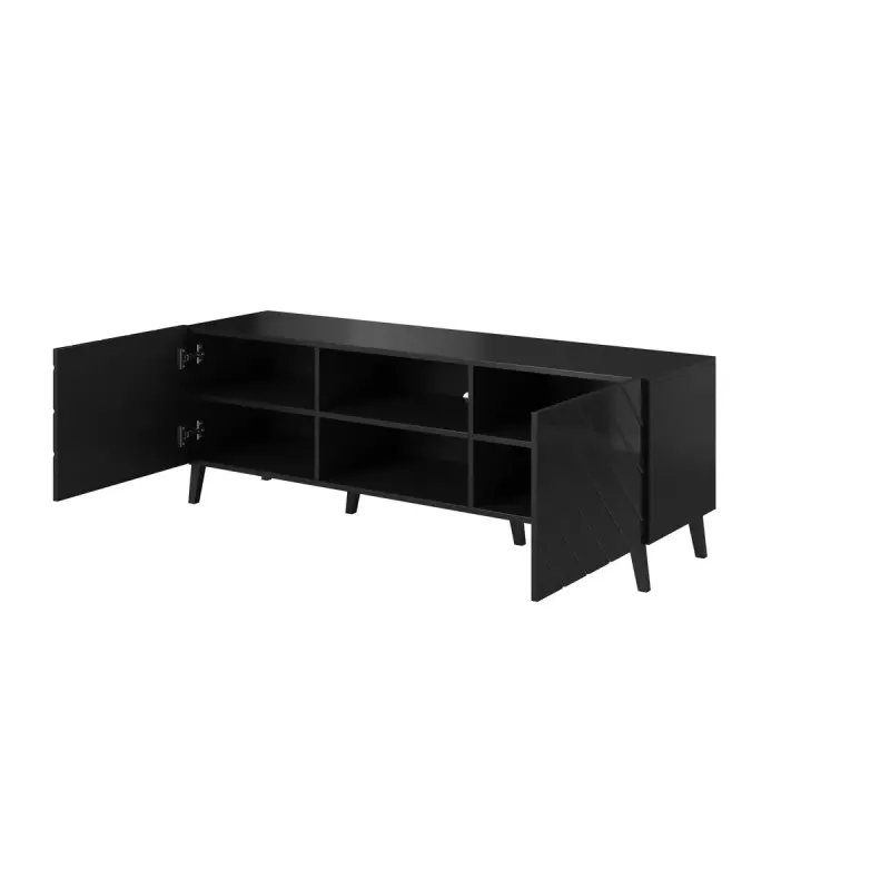 Mueble de TV cama meble ABETO 150x42x52 cm, negro brillante, tablero MDF, marco negro