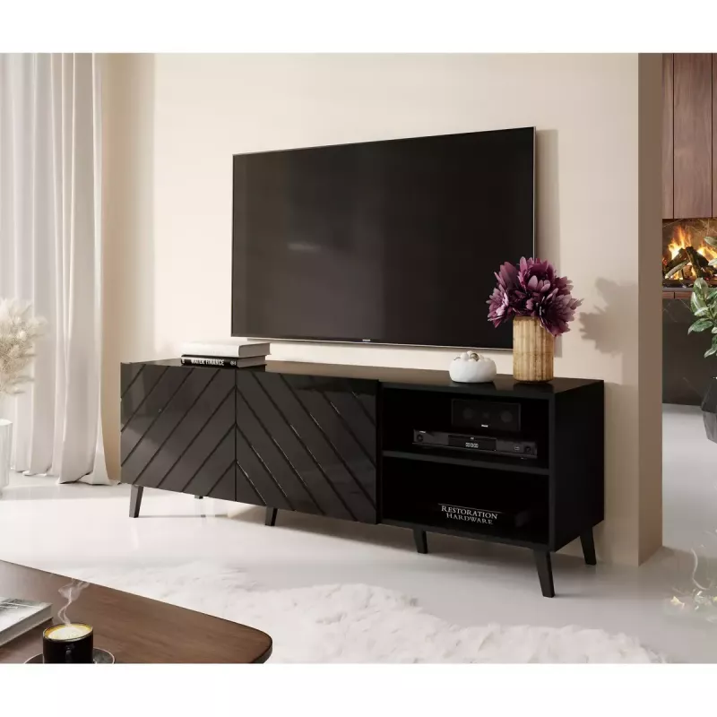 Mueble de TV cama meble ABETO 150x42x52 cm, negro brillante, tablero MDF, marco negro