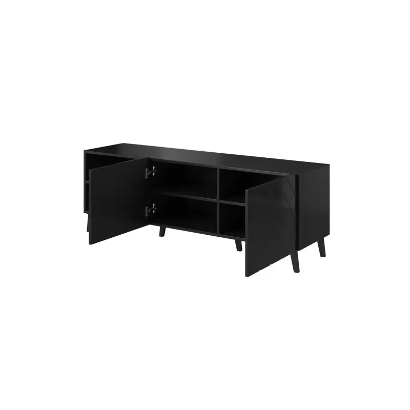 Mueble de TV cama meble ABETO 150x42x52 cm, negro brillante, tablero MDF, marco negro