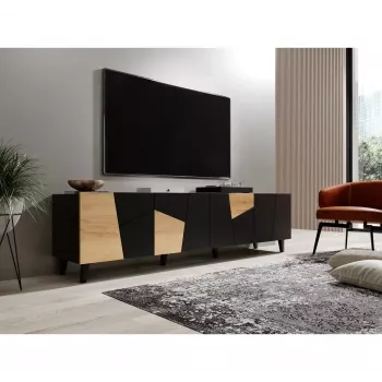 Mueble TV cama meble ETNA 200×42×52 cm, parte superior negra mate, marco de roble