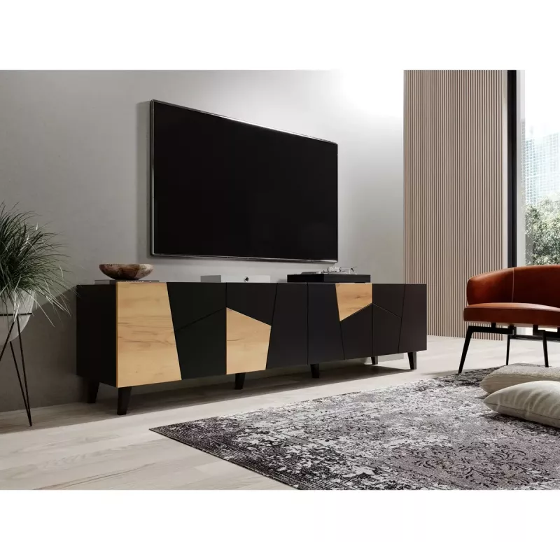 Mueble TV cama meble ETNA 200×42×52 cm, parte superior negra mate, marco de roble