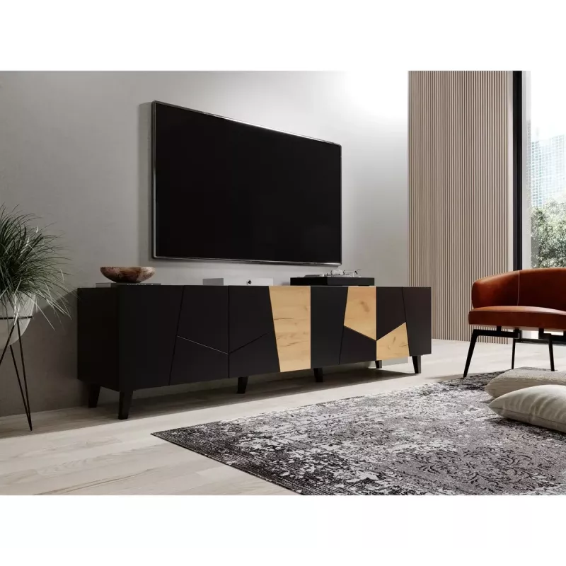 Mueble TV cama meble ETNA 200×42×52 cm, parte superior negra mate, marco de roble