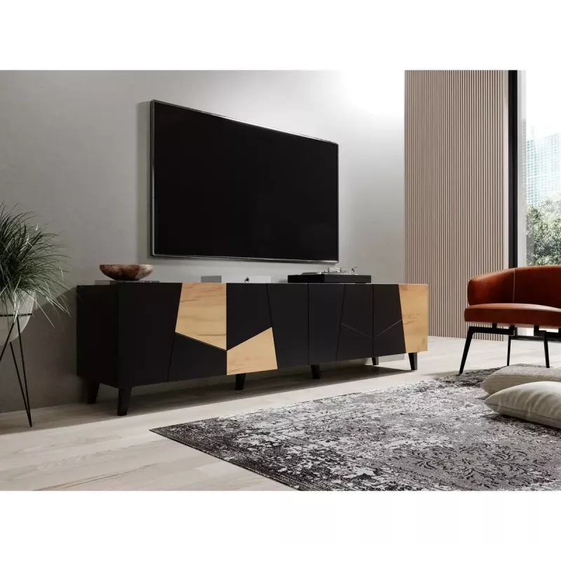 Mueble TV cama meble ETNA 200×42×52 cm, parte superior negra mate, marco de roble