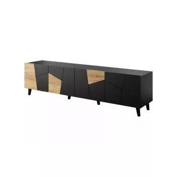Mueble TV cama meble ETNA 200×42×52 cm, parte superior negra mate, marco de roble