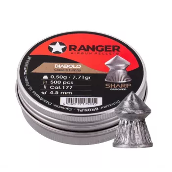Diábolo para carabina de aire RANGER CLAS03.45.500 — diábolo 4,5 mm, punta afilada estriada, 500 uds. en dispensador de aluminio