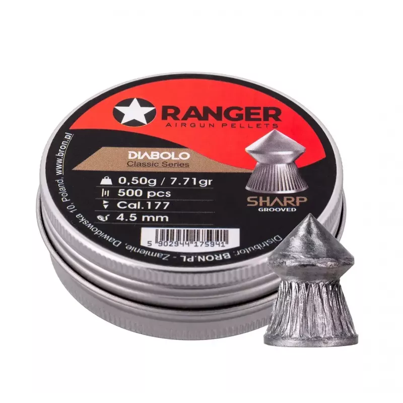 Diábolo para carabina de aire RANGER CLAS03.45.500 — diábolo 4,5 mm, punta afilada estriada, 500 uds. en dispensador de aluminio