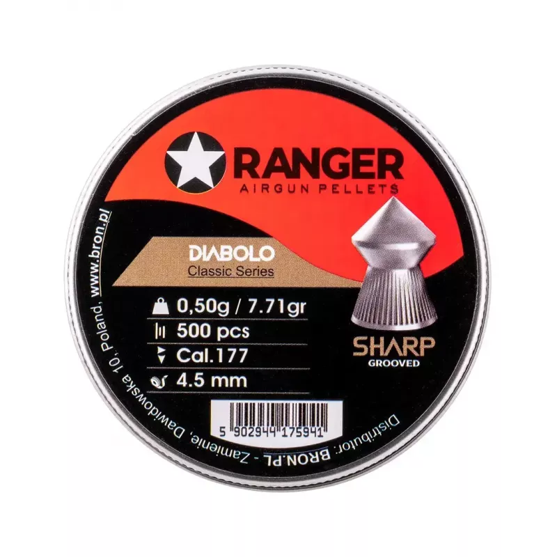 Diábolo para carabina de aire RANGER CLAS03.45.500 — diábolo 4,5 mm, punta afilada estriada, 500 uds. en dispensador de aluminio