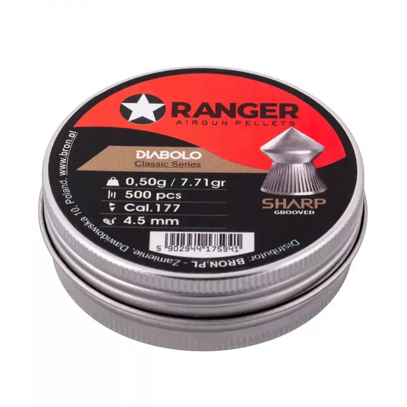 Diábolo para carabina de aire RANGER CLAS03.45.500 — diábolo 4,5 mm, punta afilada estriada, 500 uds. en dispensador de aluminio