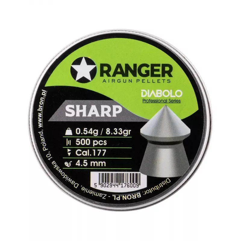 Balines diábolo RANGER PRORO.45.500.S — 4,5 mm Diabolo punta afilada, 500 uds., dispensador de aluminio