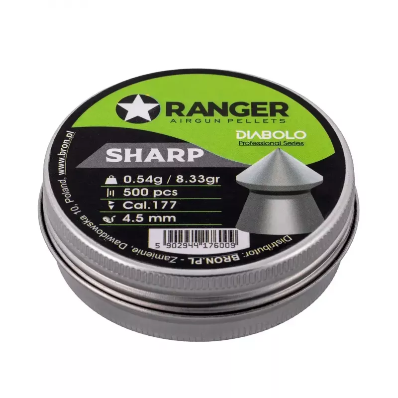 Balines diábolo RANGER PRORO.45.500.S — 4,5 mm Diabolo punta afilada, 500 uds., dispensador de aluminio