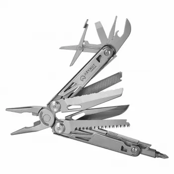 Multiusos AZYMUT H2038 Multitool de tamaño completo — 14 herramientas, 16,2 cm abierto, 10,1 cm plegado, 264 g, acero 420/7CR13, funda de cuero