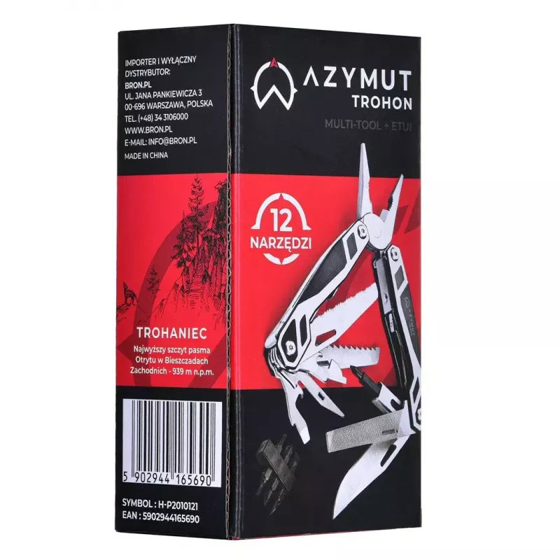 Multiusos AZYMUT Trohon H-P2010121 — alicate de tamaño completo de acero inoxidable con 12 herramientas, 8 puntas, plegado 10,5 cm, 381 g